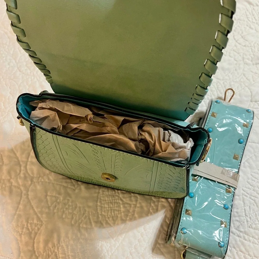 Kiss Me Couture Turquoise Embossed Shoulder Bag Studded Strap Boho Crossbody NEW
